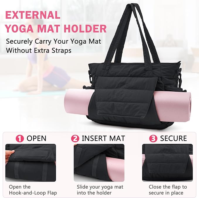 Yoga Tote Bag for Women with Yoga Mat Holder & Luggage Sleeve, Large Pilates Gym Bag with 16" Laptop Compartment, Lightweight Puffer Quilted Travel Tote with Water Bottle Pockets for Work