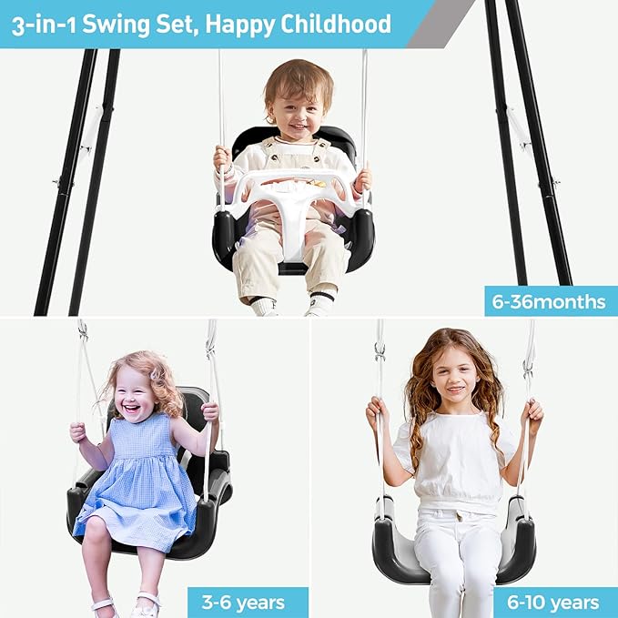 FUNLIO 3-in-1 Toddler Swing Set with 4 Sandbags, Indoor/Outdoor Baby Swing with Foldable Metal Stand, Kids Swing Set for Backyard, Clear Instructions, Easy to Assemble & Store - Black