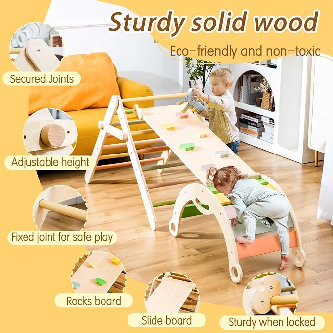 deli 7 in 1 Pikler Triangle Set, Large Size Toddler Climbing Triangle Set, Wooden Baby Jungle Gym Indoor, Foldable Montessori Climbing Set with Ramp, Arch & Climbing Triangle