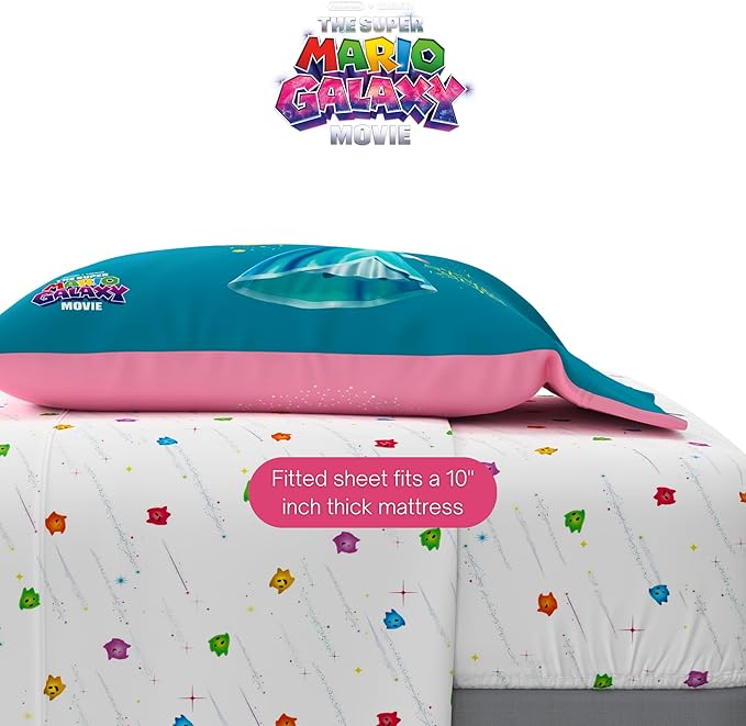 The Super Mario Galaxy Movie Bedding Set, Twin Size 5 Piece Set Kids Super Soft Cozy Reversible Comforter and Sheet Set with Sham, Princess Peach (100% Officially Licensed Product) by Franco