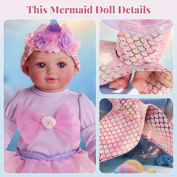 BABESIDE Mermaid Baby Doll - 17-Inch Realistic Soft Baby Dolls with Playful Mermaid Tail & Accessories Easy to Carry Mermaid Toys for 3 4 5 6 7 8 9 Years Girls Birthday Gift, Pretend Play & Christmas