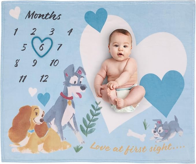 NoJo Disney Lady & The Tramp Blue, White, and Gold Love at First Sight Super Soft Photo Op Milestone Baby Blanket