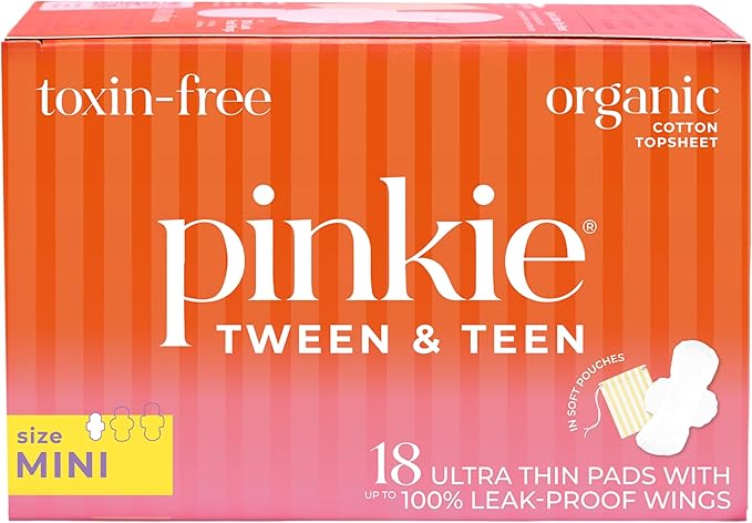 Pinkie Period Starter Pads - Designed for Smaller Underwear - Organic Cotton Topsheet Tween & Teen Pads with Wings - Chlorine Free & Fragrance Free - Teen Mini, 18 Count