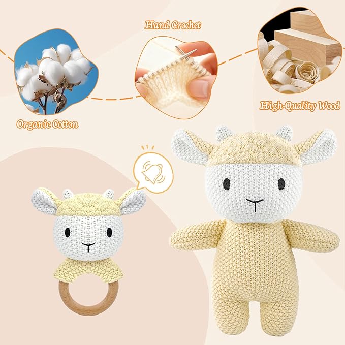10" Crochet Sheep Stuffed Animal with Rattle, Pure Cotton Soft Crochet Doll Plush Toy for Newborn, Handmade First Birthday Gift