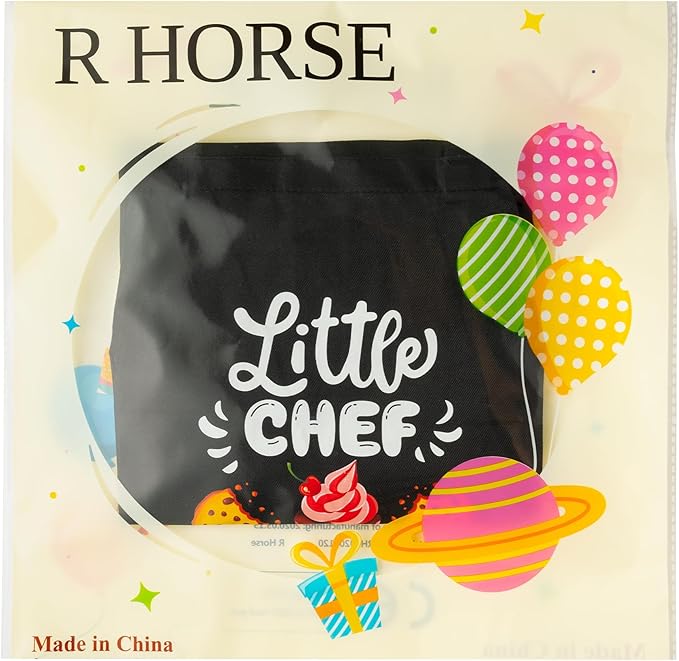 R HORSE Kid Apron and Chef Hat Set - 2Pcs Black Little Chef Adjustable Children Kitchen Toddler Apron with Pockets for Kids, Funny Dress up Pretend Play Toy Birthday Gift for Cooking Baking Painting