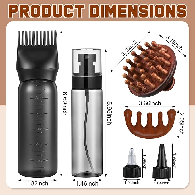 ProSuites 6 in 1 Set Wooden Head Scalp Massager Comb Tool Hair Gua Sha Comb with 6 OZ Hair Oil Applicator Bottle Spray Bottle for Relaxation