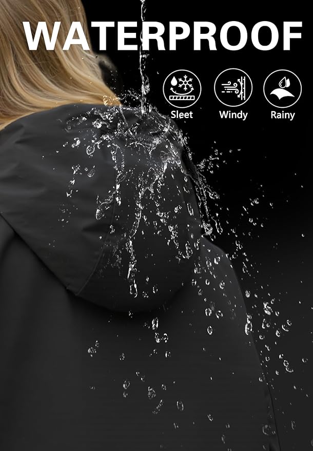 Zando Long Packable Rain Jacket Women Waterproof Raincoat with Hood | Relaxed-Fit Lightweight Windbreaker for Women; Travel Rain Coats for Commute, Hiking, Cruise, and Daily wear