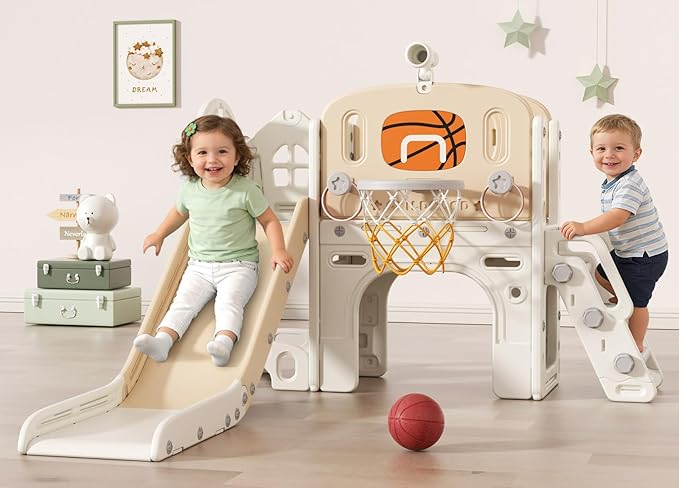 BIERUM 9 in 1 Toddler Slide Set, Baby Slide for Toddlers 1-3 with Ring Toss and Basketball Hoop, Indoor Outdoor Toddler Playset Playground Beige Coffee