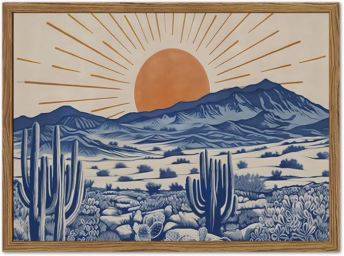 Vintage Western Desert Wall Art Boho Mexican Cactus and Sun Wall Decor Painting, Abstract Blue Southwestern Landscape Poster Canvas Prints Artwork for Living Room Bedroom 12x16 inch Wood Framed