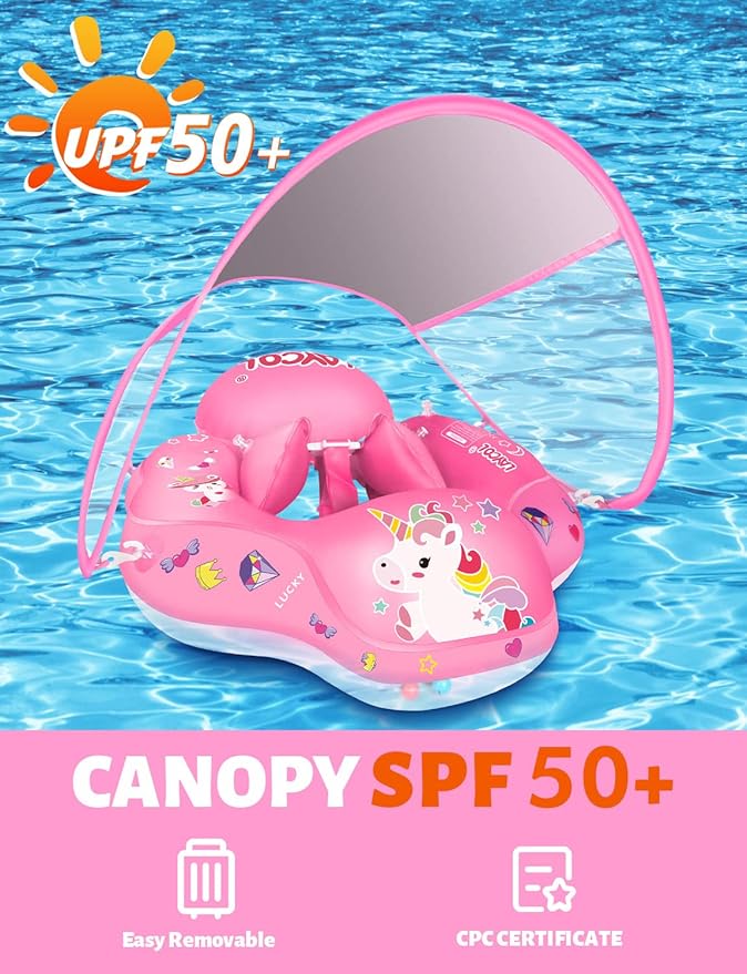 LAYCOL Baby Swimming Float Inflatable Baby Pool Float Ring with Sun Protection Canopy,add Tail no flip Over for Age of 3-36 Months
