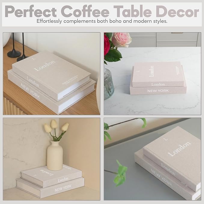 Faux Book Storage Box Set of 2—Beige/Beige—Decorative Faux Books with Hidden Storage for Coffee Table Decor, Bookshelf or Mantle—Linen Decorative Boxes—Aesthetic Book Decor for Home