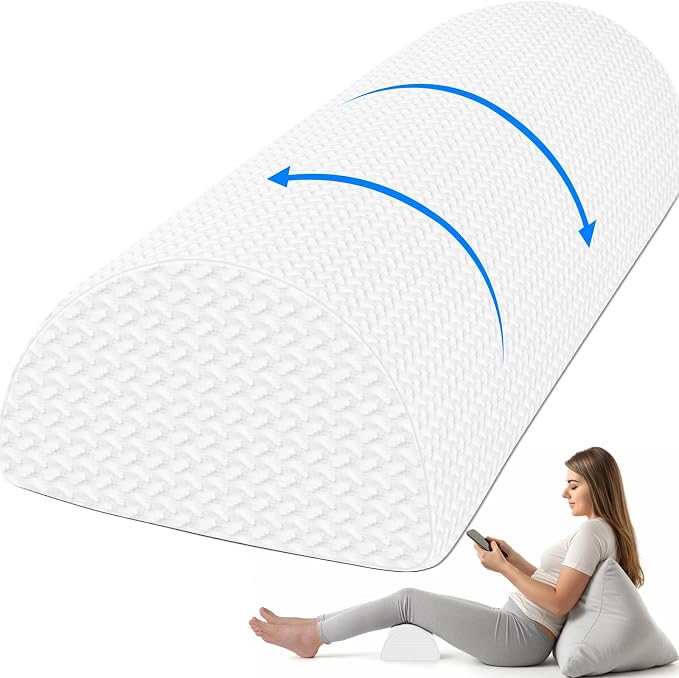 TranquilRelax Knee Pillow for Back Sleeping Memory Foam Half Moon Bolster Pillow for Legs, Under Knee Support, Ankle & Foot Comfort Orthopedic Pillow for Side Sleepers (White, 22" x 8.7" x 5.3")