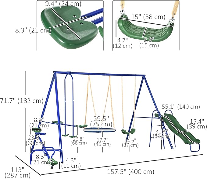 Outsunny Swing Set for Backyard, 5 in 1 Outdoor Playset for Kids with Heavy-Duty A-Frame Stand, 29.5" Saucer Swing, Slide, Teeter-Totter, Glider, 693 Lbs Load, Blue
