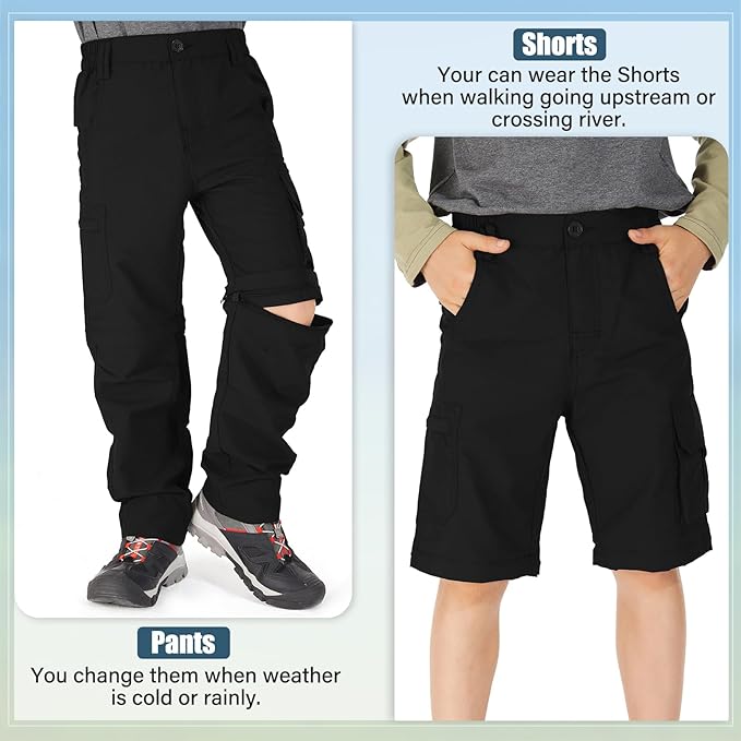 linlon Kids' Cargo Pants, Boy's Casual Outdoor Quick Dry Waterproof Hiking Climbing Convertible Trousers #9016