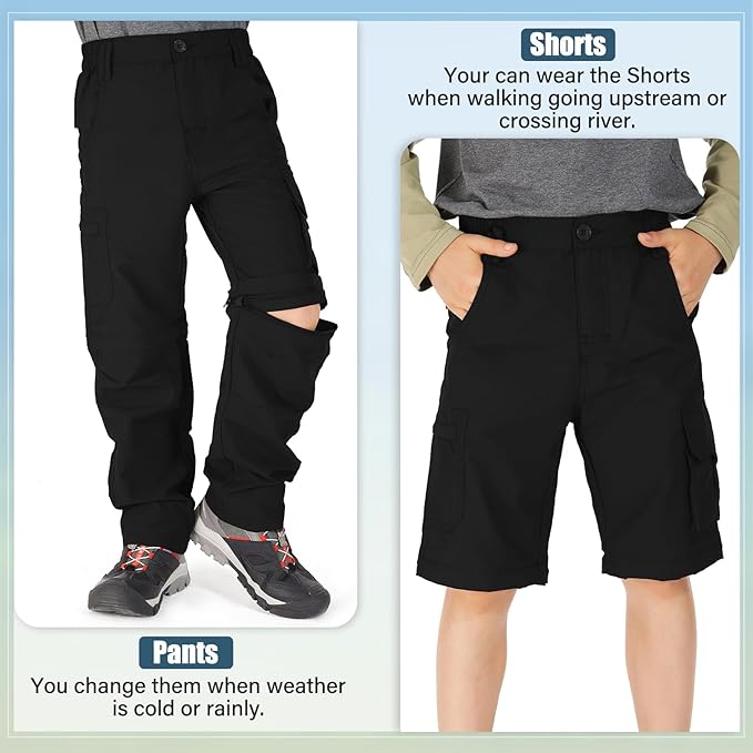 linlon Kids' Cargo Pants, Boy's Casual Outdoor Quick Dry Waterproof Hiking Climbing Convertible Trousers #9016