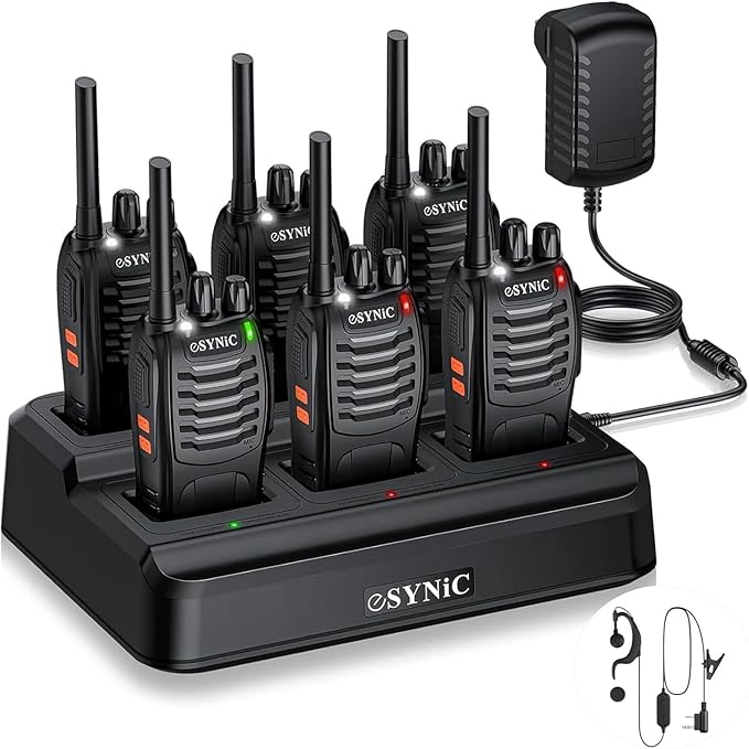 eSynic Walkie Talkies Rugged-6 Pack-3 Miles Long Range Walky Talky-Compact Designed-Flashlight & VOX Hand Free Talking-1500mAh Rechargeable Battery-Rainproof-for Camping/Cruise Ships/Travel Trip