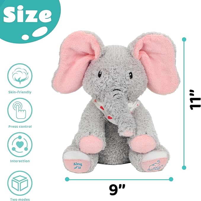 Cuteoy Peek A Boo Elephant Interactive Plush Toy Musical Singing Talking Stuffed Animal Adorable Electric Animate Christmas Birthday Gifts for Girls Boys