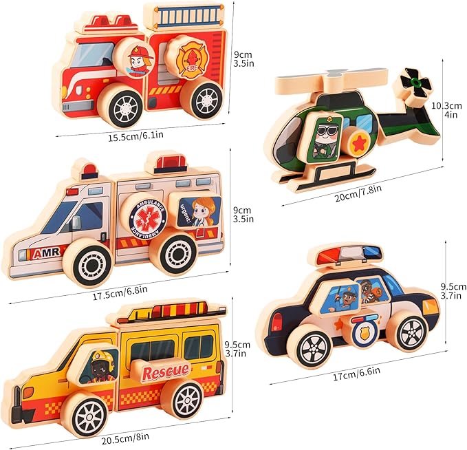 Emergency Vehicle Building Toys,Rescue Squad Wooden Magnetic Connection Building Blocks for Kids 3-8, Montessori Take Apart Toy - Fine Motor Building Toy Gift for 3 4 5 Years Old Kids