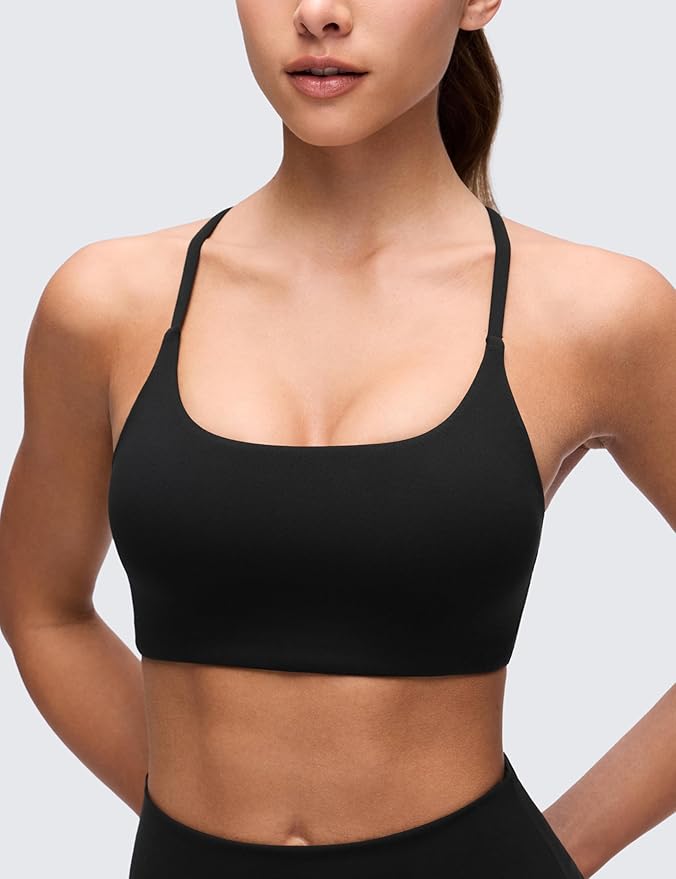 CRZ YOGA Butterluxe Twist Cross Back Sports Bras for Women - U Neck Padded Adjustable Spaghetti Straps Yoga Top