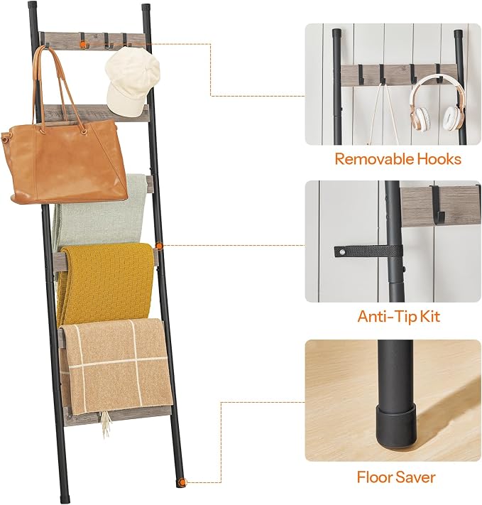 HOOBRO Blanket Ladder, 6-Tier Towel Rack with Hooks, Wall-Leaning Blanket Rack, Decorative Display Ladder Shelf, Scarves, Industrial, Living Room, Bedroom, Black and Greige BG66CJ01