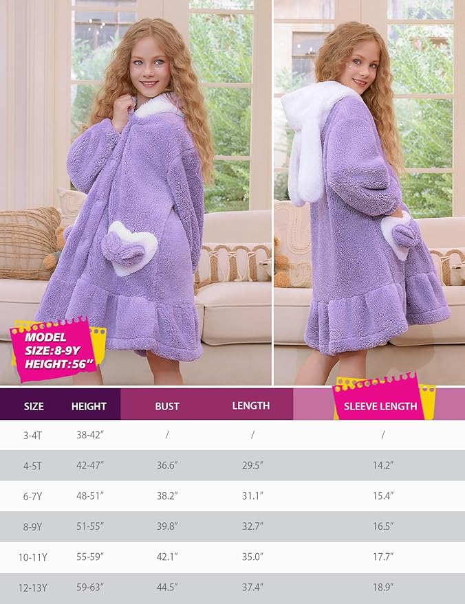 Girls Bathrobes Coral Fleece Button Down Hooded Robes Cute Rabbit Ears Bath Robe Fuzzy Warm Soft Sleepwear