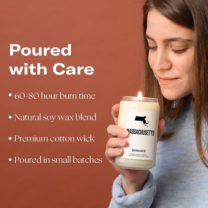 Homesick Scented Candles for Home (Massachusetts) - 13.75 oz Long-Lasting Soy Wax Jar Candle for Women & Men for All Occasions, 60-80 Hours Burn Time - Notes of Coffee & Apple Cider