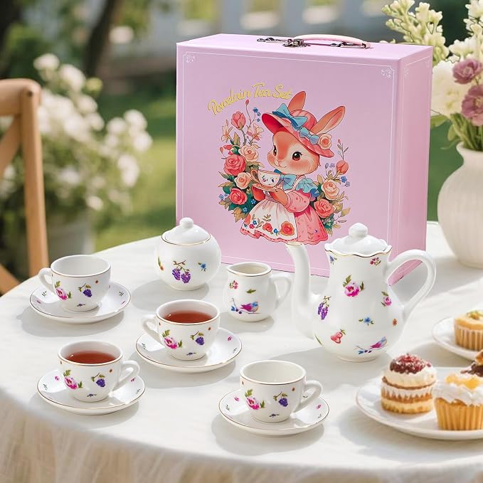 TUZT Tea Party Set for Little Girls Ages 3-8, White Floral Porcelain Tea Set with Gold Trim Edges, Princess Tea Time Toy Includes Pot & Cups & Saucers & Suitcase, Birthday Gifts for Toddlers Girls