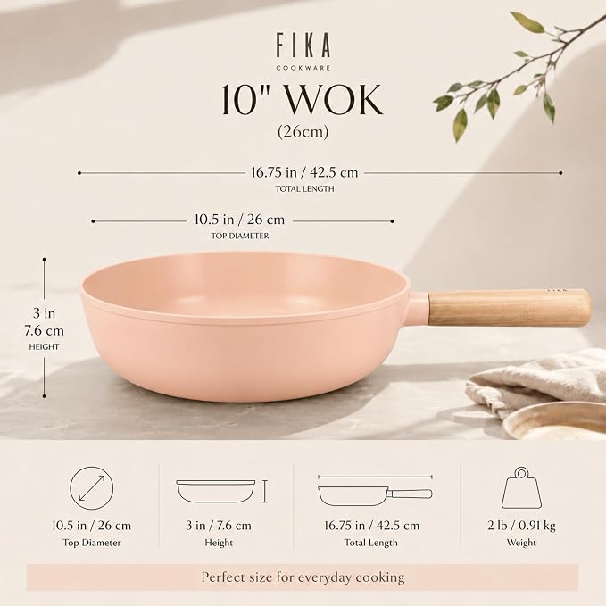 Neoflam FIKA 10-Inch Nonstick Stir Frying Wok with Glass Lid, Healthy Cooking Ceramic Coated Pan with Wood Handle, Induction Compatible for All Stovetops, Made in Korea (26cm)