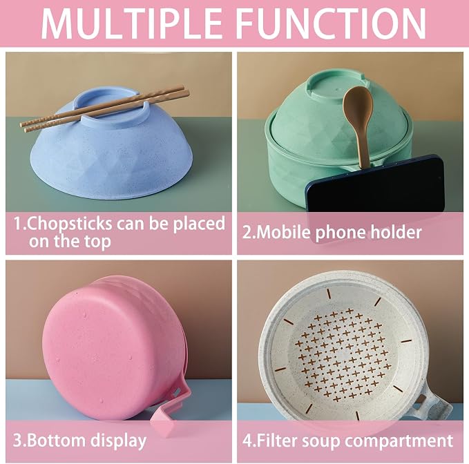 6 Sets Microwave Ramen Bowl Bulk 40 oz Wheat Straw Instant Ramen Cooker Set Portable Noodle Cooker with Handle Spoon Chopsticks Fork for College Dorm Room Gift (Fresh Colors)