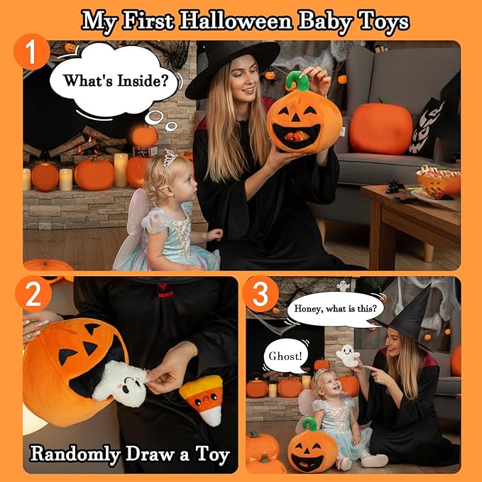 My First Halloween Baby Toys, Cuet Pumpkin Stuffed Animal Decor with Ghost Spider Bat Candy Corn Plush Toys and Small Mirror, Halloween Plush Gifts Basket Party Favors for Kids Babies Toddlers
