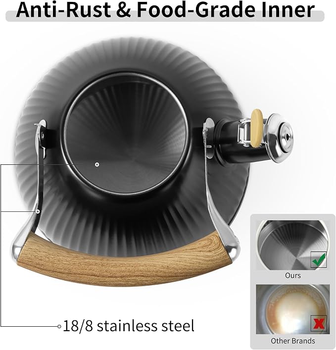 LONFFERY Tea Kettle for Stove Top, 2.5 Quart Whistling Tea Kettle, Stainless Steel and Wood Pattern Folding Handle, Black