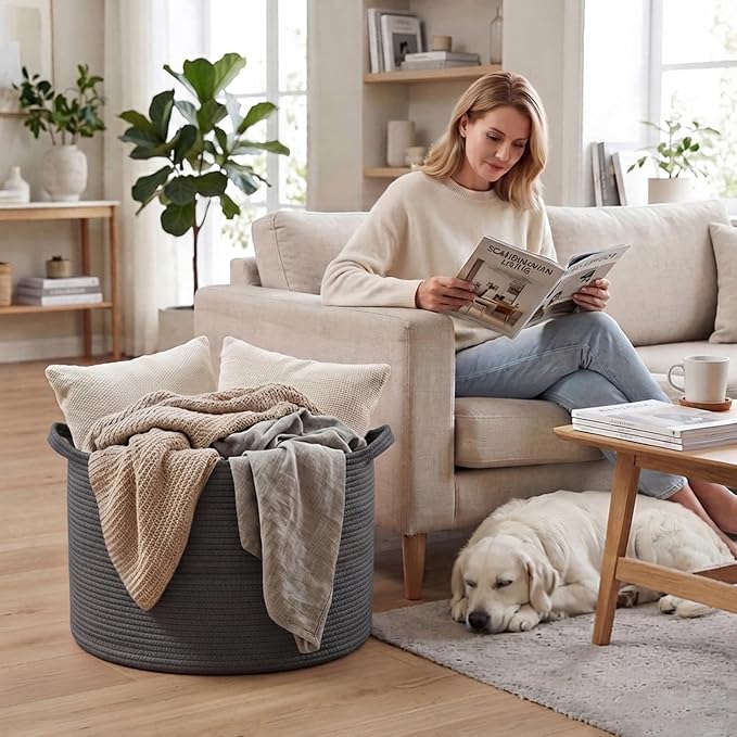 65L Large Blanket Basket,Woven Rope Laundry Basket-Dark Grey | Collapsible, reinforced handles, nursery storage bin organizes clothes, toys and pillows for living room, bedroom bathroom.