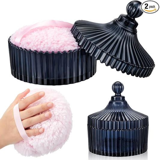 Tioncy 2 Pcs Extra Large Dusting Powder Puff and Container for Women-6'' Glass Crystal Dusting Powder Container with Body Soft Washable Reusable Velour Face(Black,Classic)