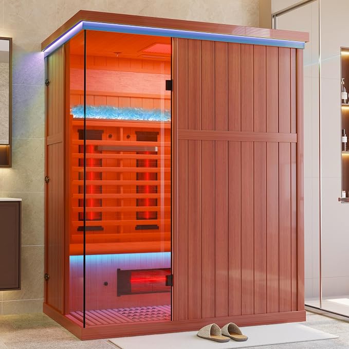 MEISSALIVVE Full Spectrum Sauna for Home, 3 Person Indoor Infrared Sauna with 10 Minutes Warm-up Heat, Red Cedar Home Sauna with Bluetooth and Tempered Glass