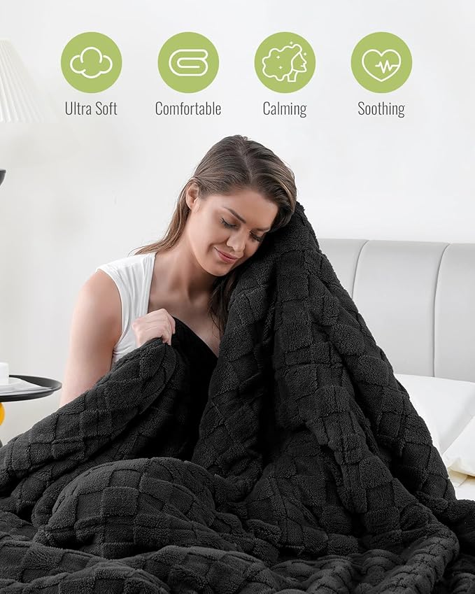 Uttermara Blankets for Adults Full Size, 12lbs 60x80 inches Blanket with Soft Warm Plush Jacquard Sherpa, Washable Thick Throw, Black