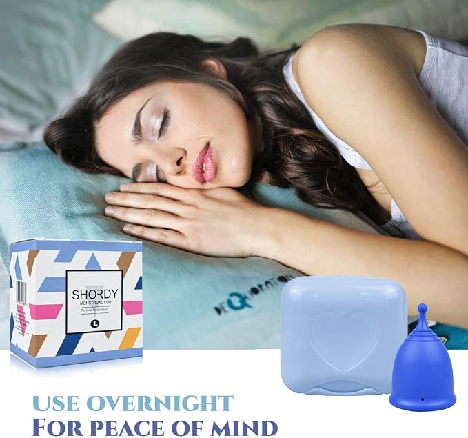 SHORDY Menstrual Cups - Large Reusable Period Cup for Women (Blue) | 100% medical grade silicone Copa menstrual, Heavy flow, Wear up to 12 hr with comfort, Pads, Disc & tampon alternative