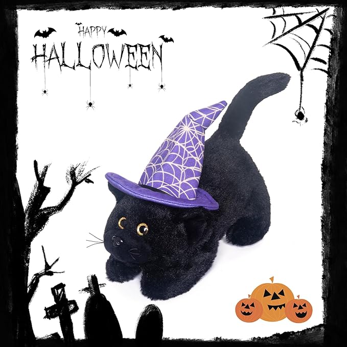 My OLi Halloween Black Cat Plush Toy with Creepy Voice - Cute Lying Cat with Witch Hat - Spooky Halloween Stuffed Animal for Kids, Toddlers for Trick-or-Treaters