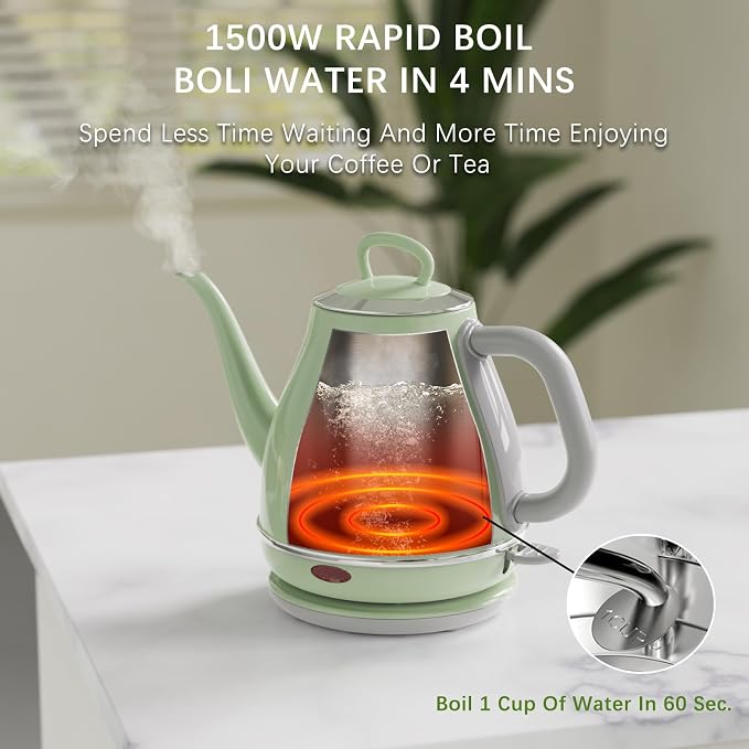 Anfilank Electric Gooseneck Kettle, 1L 1500WFast Boil, 100% Stainless Steel BPA Free Pour-Over Coffee & Tea Kettle,Water Boiler with Auto Shut & Boil-Dry Protectio,Green