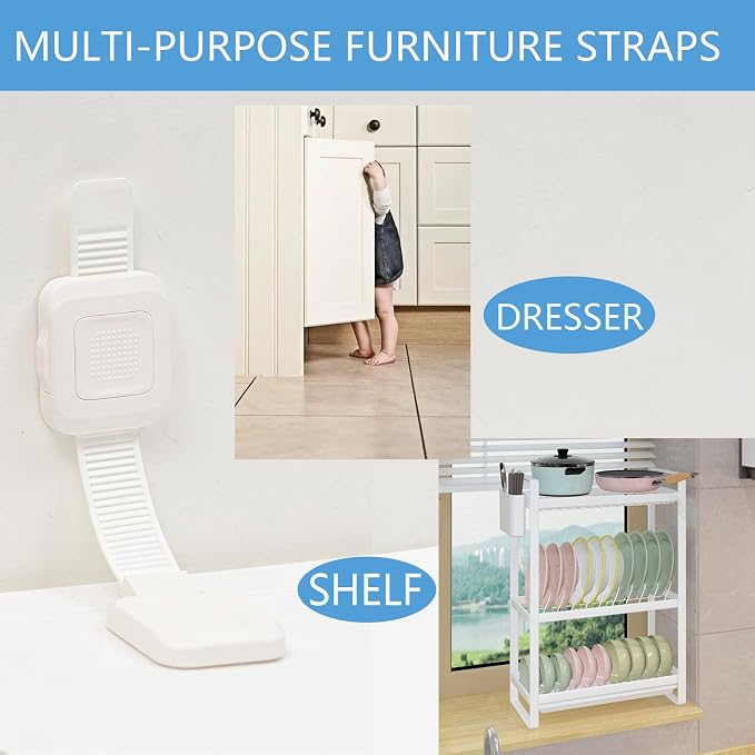 YEYA Upgraded No Drill Furniture Anchors for Baby Proofing, Anti-Tip Adjustable Straps, 4 Pack | Upgraded, Anti-Tip Adjustable Straps, Baby Proofing