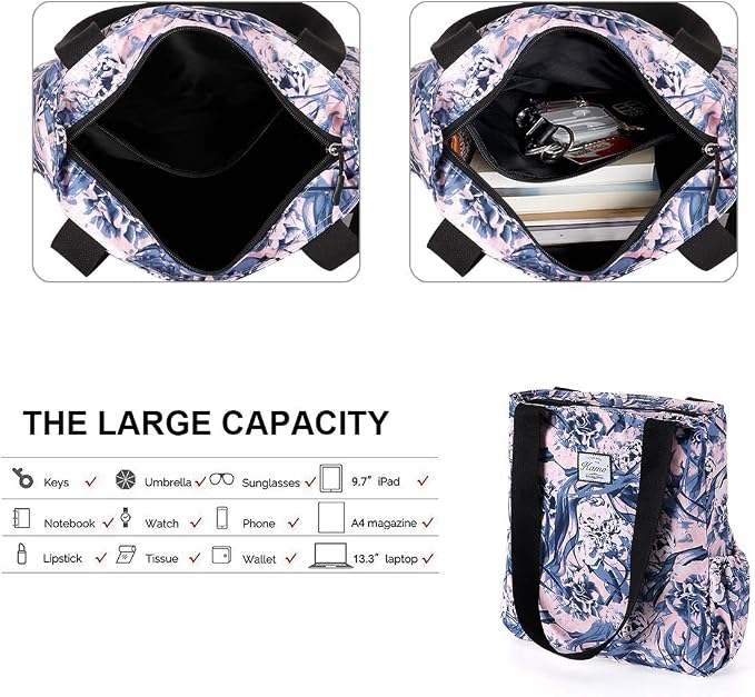 KAMO Floral Tote Bag - Waterproof Lightweight Handbags Travel Shoulder Bag for Hiking Yoga Gym Swimming Travel Beach