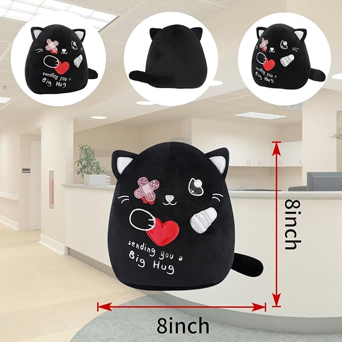 Get Well Soon Plush Cat - Black Cat Stuffed Animal Unique Heart Bandage, Perfect Get Well Gift for All Ages 8 Inch