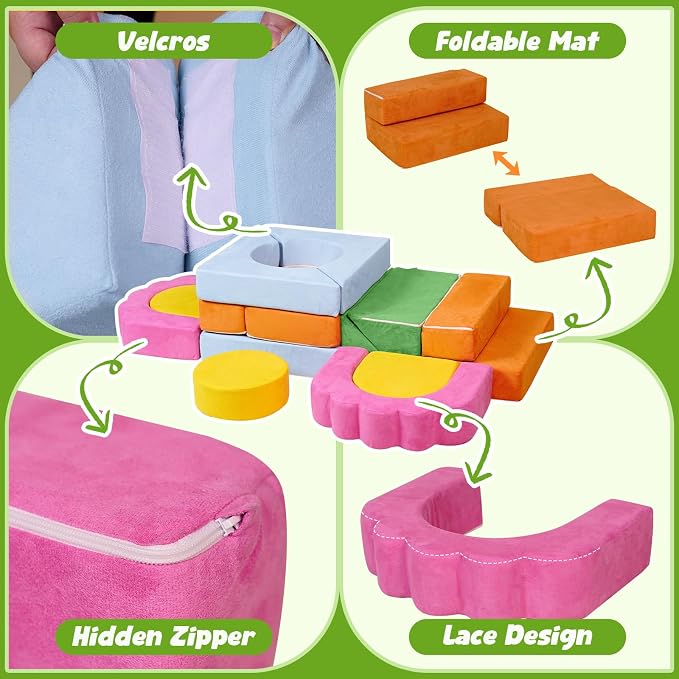 13-Piece Modular Foam Climbing Blocks Set for Toddlers - Floral Soft Play Structure for Indoor Crawling & Climbing Play with Washable Cover for Bedrooms, Playrooms, Daycares and Schools,Multicolor