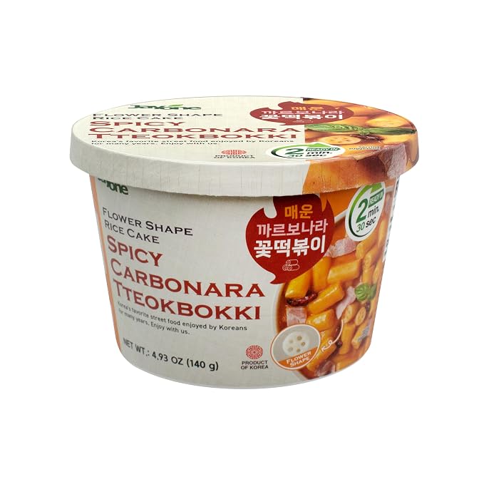 Jayone Cup Tteokbokki, Korean Rice Cake Street Food Snack, Quick & Easy to Cook, Microwavable, Moderately Spicy Carbonara Sauce (4 Cups)