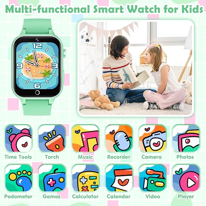 Smart Watch for Kids, with 26 Puzzle Games, Touch Screen, HD Camera, Alarm Clock, Toys for Ages 4-12 Years Old.Birthday Gift for Boys Girls (Green)