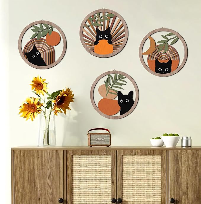 HPNIUB Abstract Mid Century Boho Black Cat Wall Decor-4 Pieces 10''x10'' | Farmhouse Geometric Hanging Wooden Wall Art,Bohemian Moon and Sun Wood Sign for Nursery Bedroom Decoration, Lovely Cat Gifts