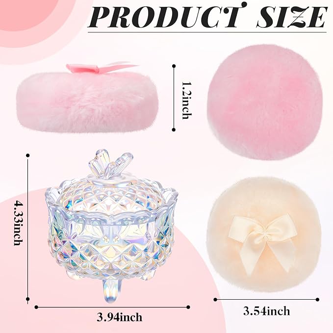 Tioncy 3 Pcs Large Body Powder Puff and Container Valentine's Day gift Powder Container with Puff Crystal Case Soft Washable Reusable Velour Face Body Glitter Wet Dry Makeup(Butterfly,Glitter)