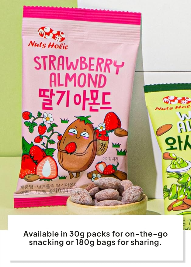 Korean Food Nuts Holic Strawberry Almond, Sweet Seasoned, Snack Mix, 8Pk | Sweet strawberry-flavored seasoned almond snack in convenient individual packs