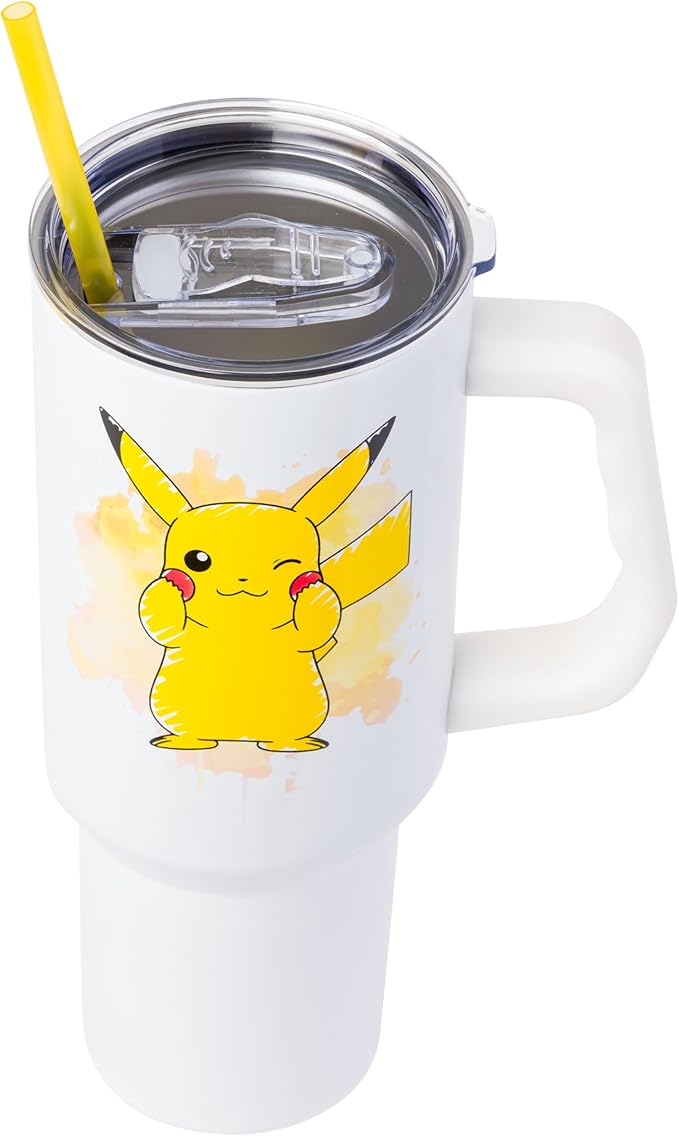 Silver Buffalo Pokémon Double Walled Stainless Steel Tumbler with Handle Featuring Pikachu, Fits in Standard Cup Holder, 40 Ounces