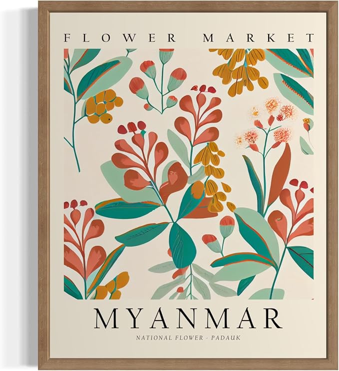 Myanmar Flower Market Art Print Poster, Wall Art Floral Painting Botanical Decor for Bedroom, Kitchen, Bathroom Livingroom Decoration 82B (Myanmar,10"L x 8"W, Wood Frame)