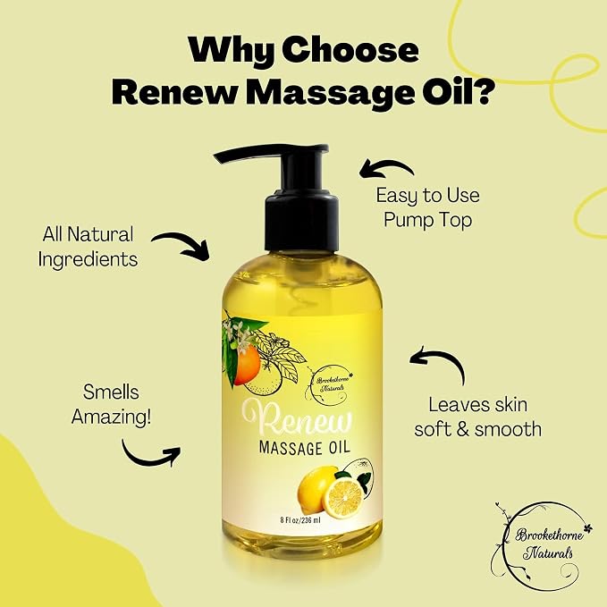 Renew Massage Oil with Orange, Lemon & Peppermint Essential Oils - Great for Massage Therapy or Home use. Ideal for Full Body – with Almond, Grapeseed & Jojoba – by Brookethorne Naturals